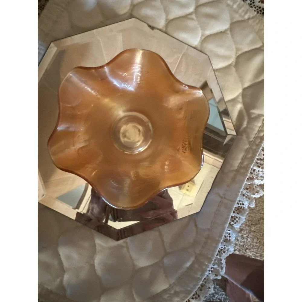 vintage Fenton carnival glass hat‎ vase in a marigold (iridescent orange) color.